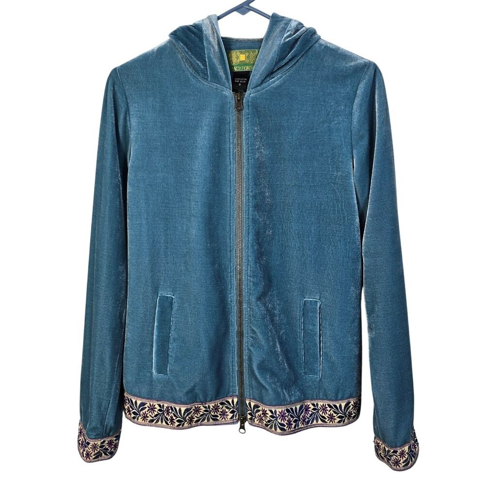 Tracy Porter Hooded Jacket Women's S Teal Blue Floral Ribbon Trim Polished Boho
